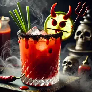 Un verre highball contenant le Bloody Mary d'un rouge intense, avec le rebord du verre bordé de sel noir pour un effet dramatique. La garniture en forme de diable est mise en évidence : un citron vert sculpté avec des yeux et une bouche menaçante, des cornes faites de piments rouges et une queue en zeste de citron vert. Le verre est posé sur un fond sombre avec de la fumée légère (utilisant de la glace sèche pour l'effet) et des accessoires comme des bougies noires et des crânes décoratifs.